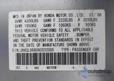 2006 Acura Tsx из США, поврежденный, VIN JH4CL96806C032085